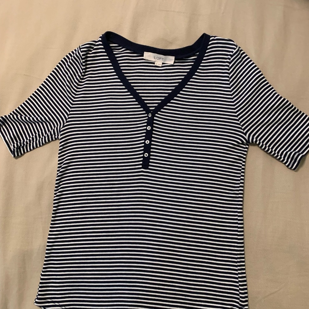 LOFT Blue and White Striped Short Sleeve Tee XS